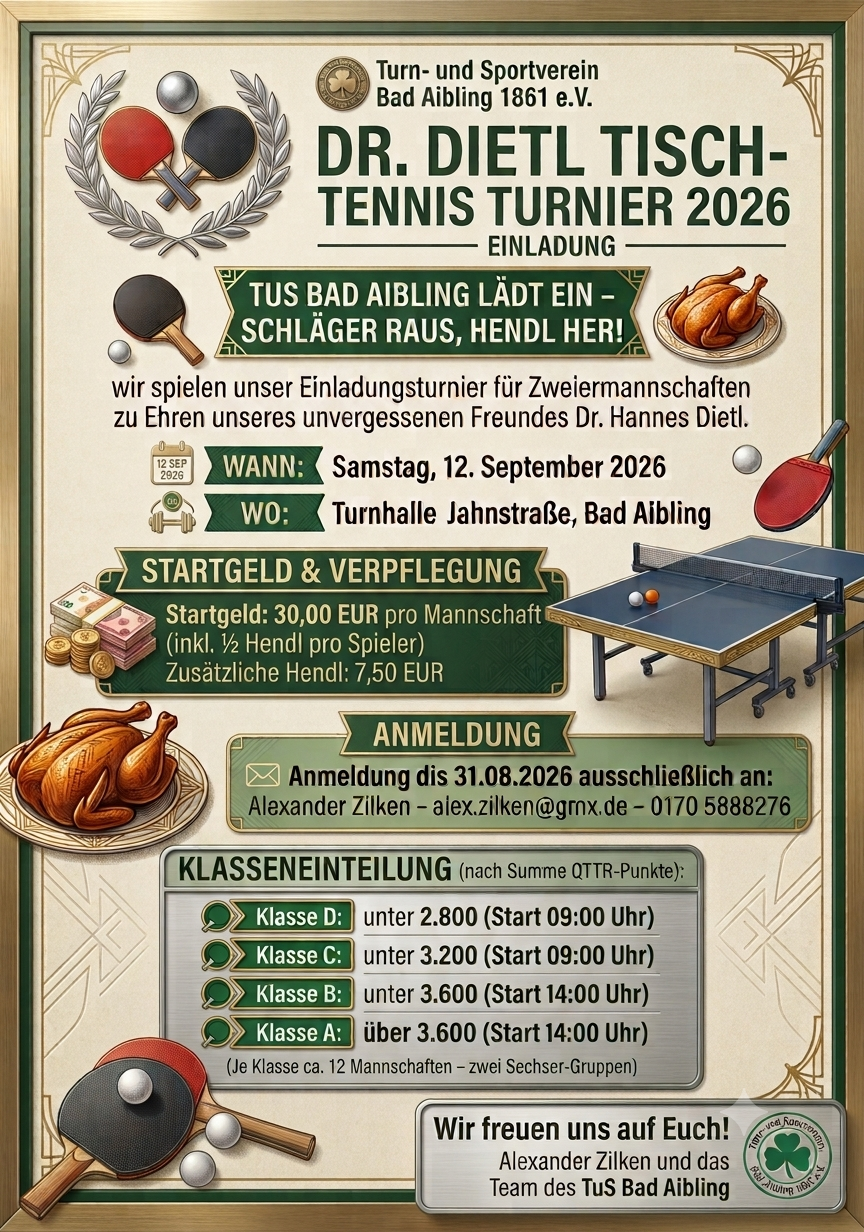 Einladung: Dr. Dietl Tischtennis-Turnier 2026 – Schläger raus, Hendl her!